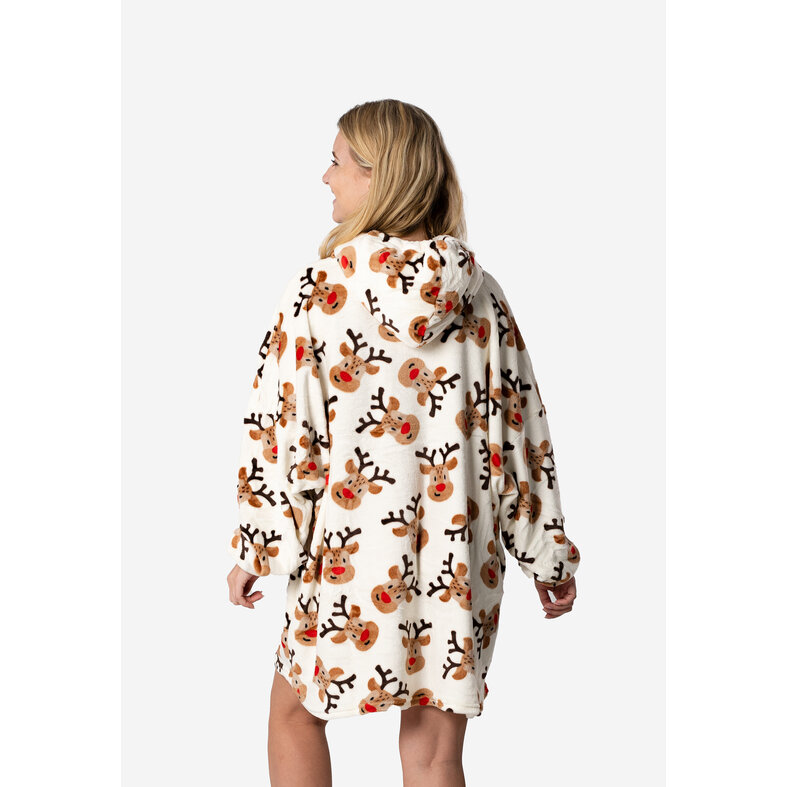 Apollo Ladies Huggle Fleece Hoodie Loungewear Incl Hood Christmas Reindeer White