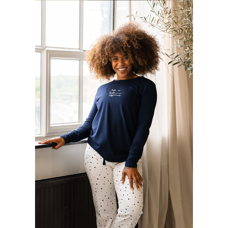 By Louise By Louise Dames Pyjama Set Lang Blauw Hartjes Print