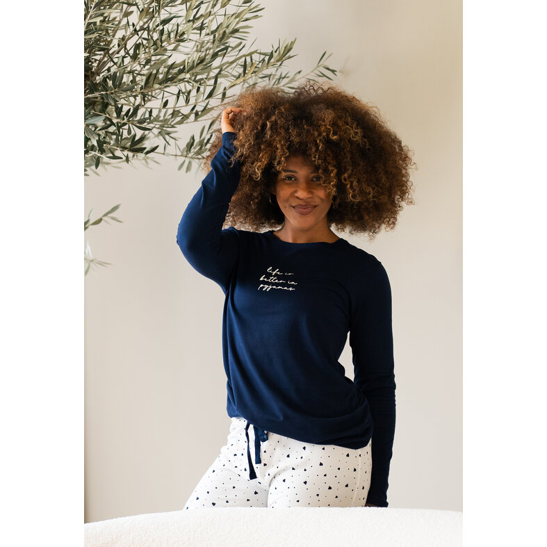 By Louise By Louise Dames Pyjama Set Lang Blauw Hartjes Print