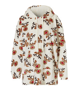 Dames Huggle Fleece Hoodie Loungewear Incl Capuchon Kerst Rendier Wit