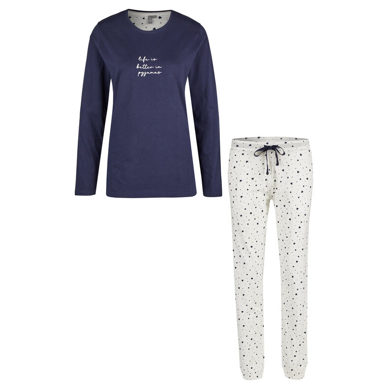 By Louise By Louise Dames Pyjama Set Lang Blauw Hartjes Print