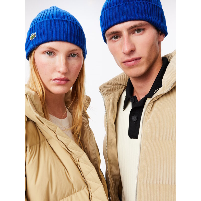 Lacoste Lacoste Beanie Geribbelde Dames Heren Muts Wol Blauw
