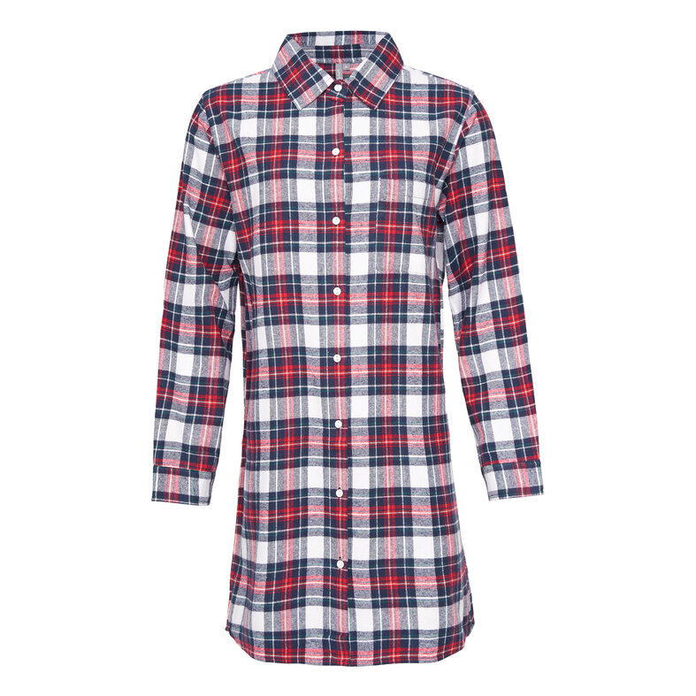 By Louise By Louise Dames Pyjama Nachthemd Lang Flanel Geruit Rood/Blauw