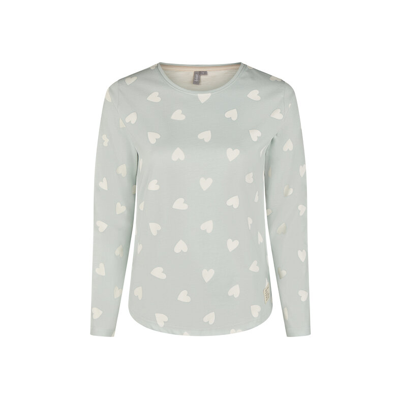 By Louise By Louise Dames Pyjama Set Lang Katoen Mintgroen Hartjes/Beige Gestreept