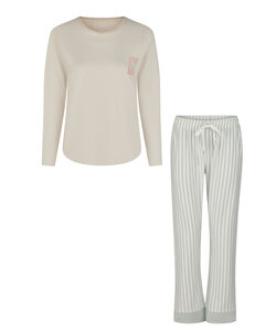 By Louise Ladies Pyjama Set Long Cotton Beige/Mint Green Striped