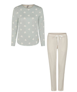 By Louise Dames Pyjama Set Lang Katoen Mintgroen Hartjes/Beige Gestreept
