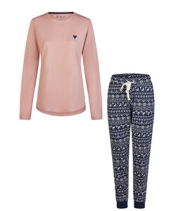 By Louise Ladies Pyjama Set Long Cotton Pink/Dark Blue Norwegian Jacquard Print