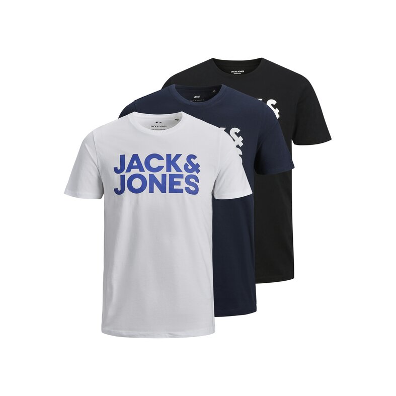 Jack & Jones Jack & Jones Heren T-shirt JJECORP Slim Fit Logo 3-Pack Wit/Donkerblauw/Zwart