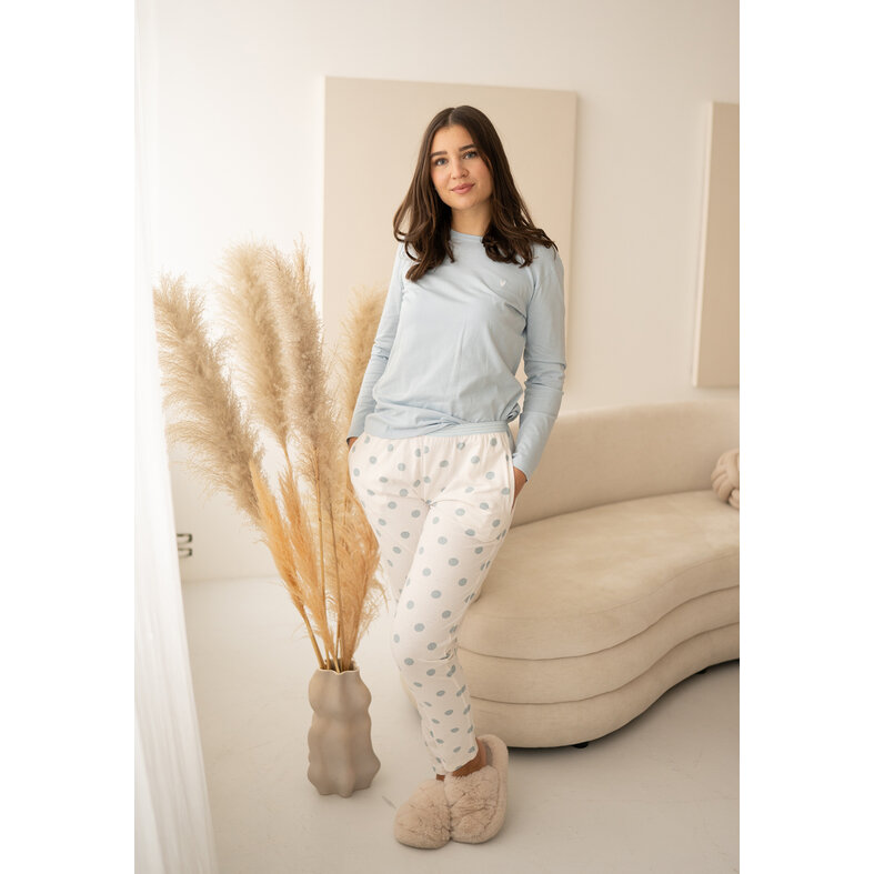 By Louise By Louise Dames Pyjama Set Lang Lichtblauw Gestipt