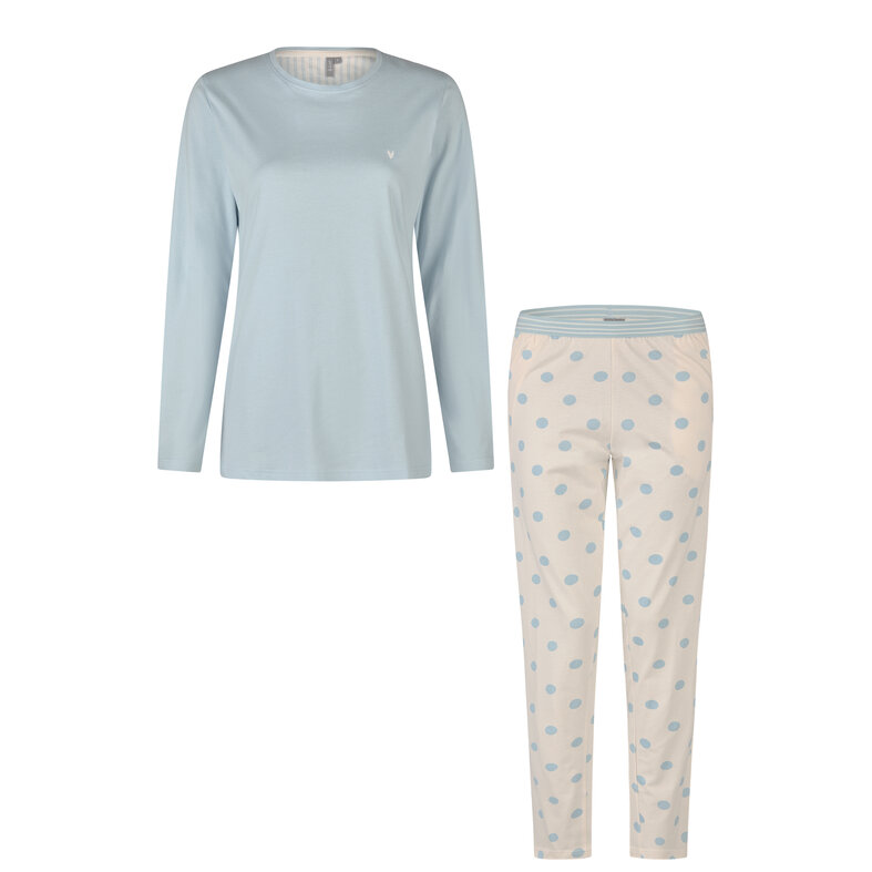 By Louise By Louise Dames Pyjama Set Lang Lichtblauw Gestipt
