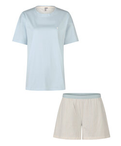 By Louise Dames Korte Pyjama Set Shortama Lichtblauw/Off-White Gestreept