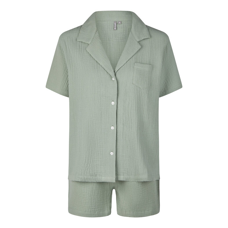By Louise By Louise Dames Korte Pyjama Set Mousseline Shortama Groen