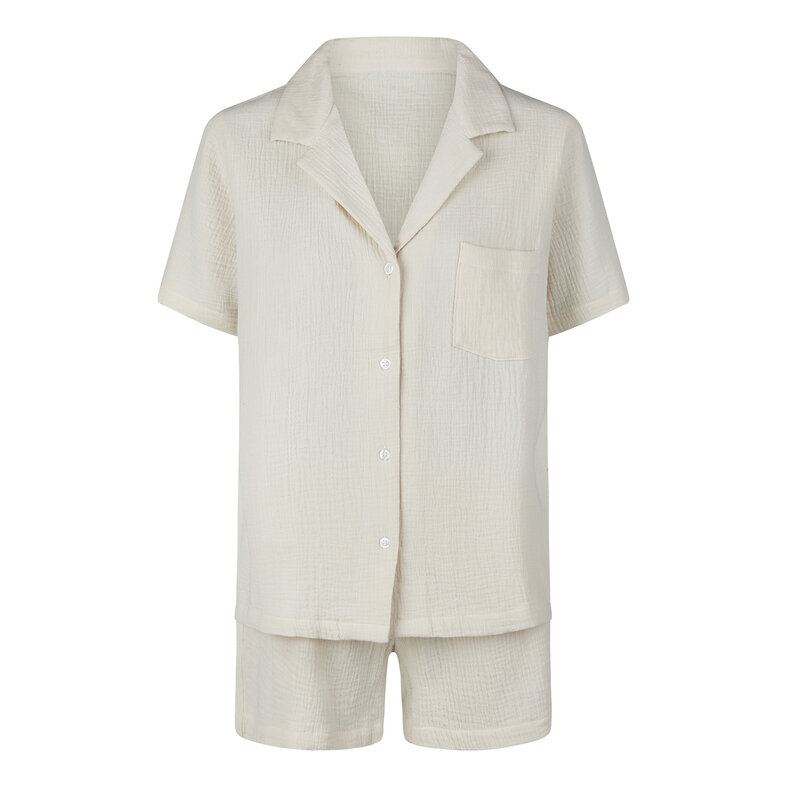 By Louise By Louise Dames Korte Pyjama Set Mousseline Shortama Beige