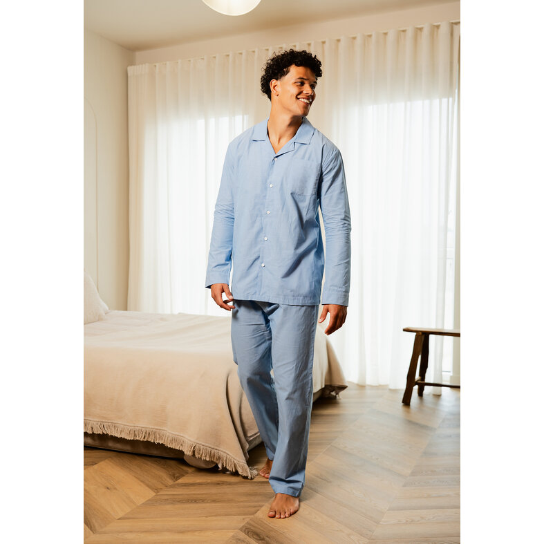 Phil & Co Phil & Co Men's Pyjama Set Long Woven Cotton Light Blue Striped