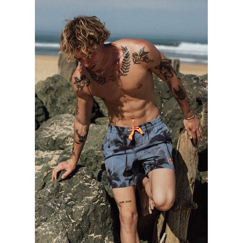 WATTS WATTS Heren Zwemshort RAINBOW Palm Print Blauwgrijs