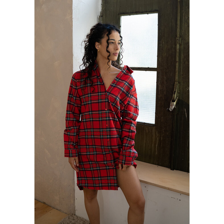 By Louise By Louise Dames Pyjama Nachthemd Flanel Geruit Rood