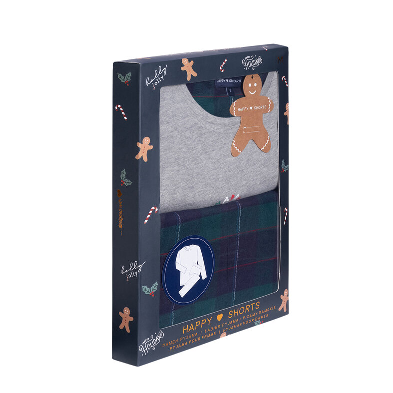 Happy Shorts Happy Shorts Dames Kerst Pyjama Set Shirt + Broek Giftbox Grijs/Groen Geruit Flanel