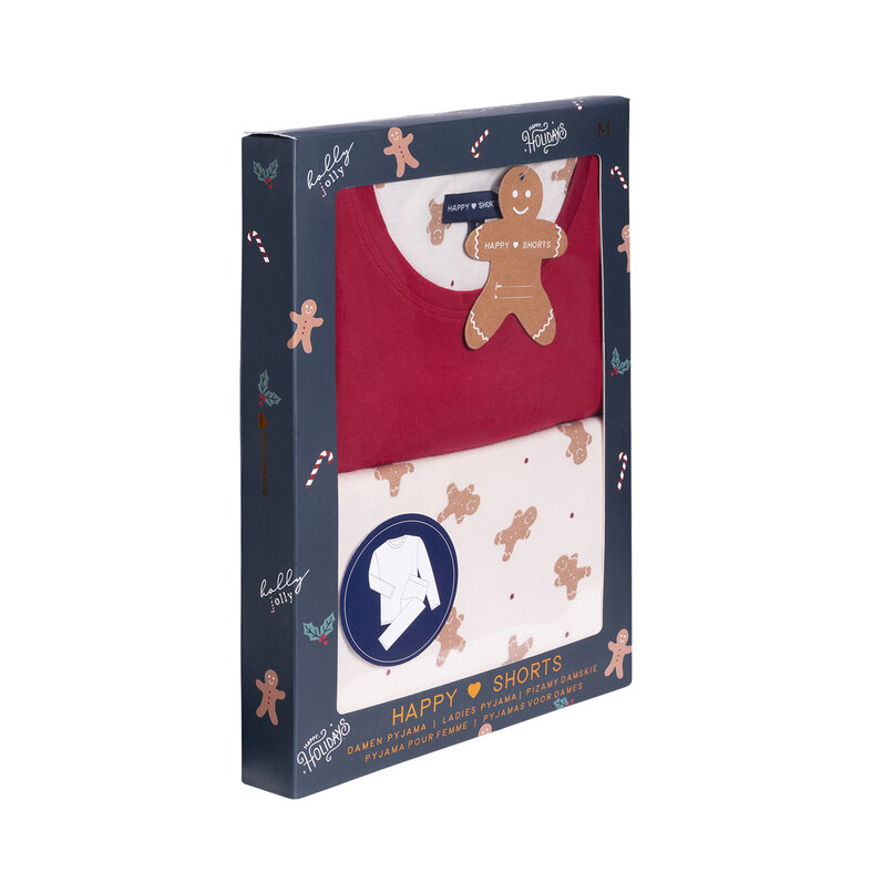 Happy Shorts Happy Shorts Dames Kerst Pyjama Set Shirt + Broek Giftbox Rood/Off-White Gingerbread