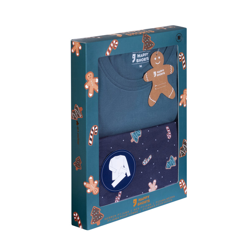 Happy Shorts Happy Shorts Men's Christmas Pajama Set Shirt + Pants Giftbox Green/Blue Christmas Print