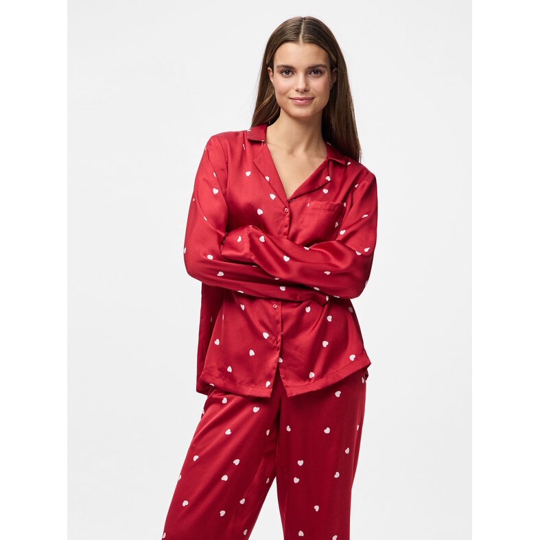 PIECES Pieces Dames Pyjama Set PCJYTTE Hartjes Satijn Nachtset Rood