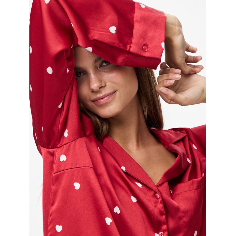 PIECES Pieces Dames Pyjama Set PCJYTTE Hartjes Satijn Nachtset Rood