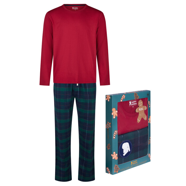Happy Shorts Happy Shorts Men's Christmas Pajama Set Shirt + Pants Giftbox Red/Green Checkered Flannel