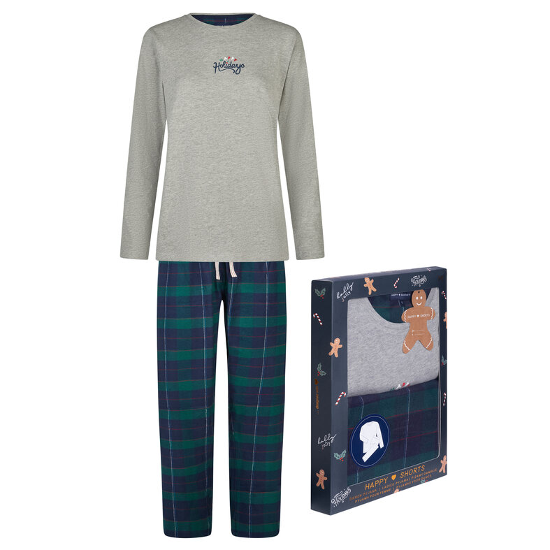 Happy Shorts Happy Shorts Dames Kerst Pyjama Set Shirt + Broek Giftbox Grijs/Groen Geruit Flanel