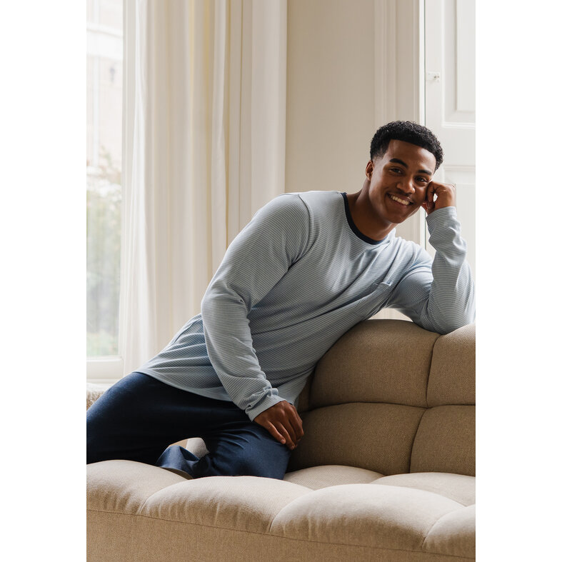 Phil & Co Phil & Co Heren Pyjama Set Interlock Lichtblauw Gestreept/Donkerblauw