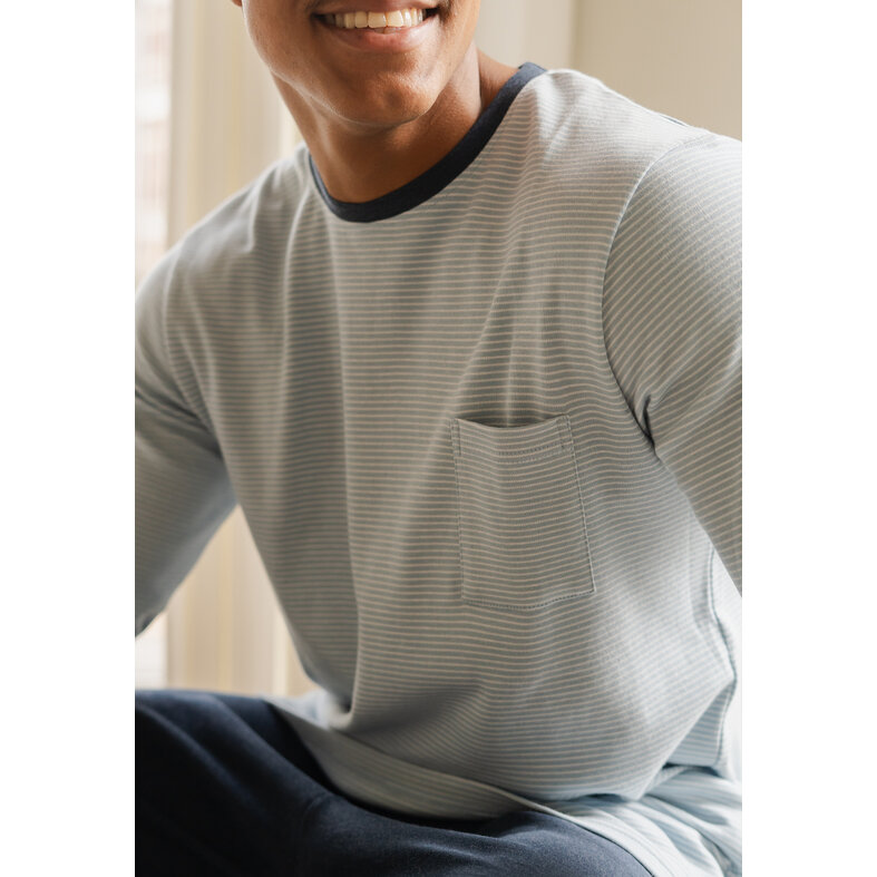 Phil & Co Phil & Co Heren Pyjama Set Interlock Lichtblauw Gestreept/Donkerblauw