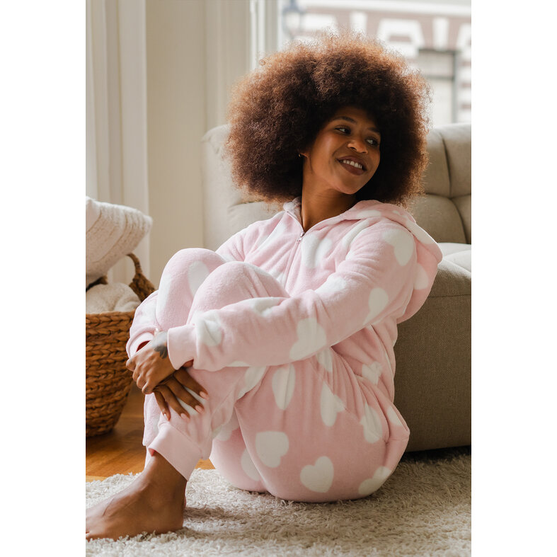 By Louise By Louise Ladies Home Suit Onesie Fleece Pink Hearts