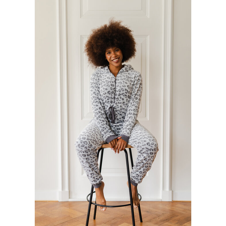 By Louise By Louise Ladies Home Suit Onesie Fleece Grey Panther Print