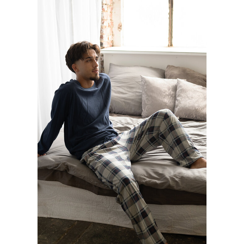 Phil & Co Phil & Co Men's Pyjama Set Long Blue/Grey Checkered