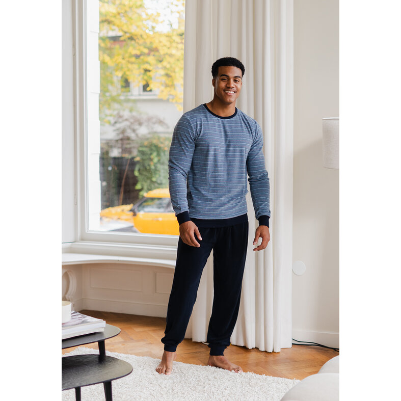 Phil & Co Phil & Co Men's Winter Pajama Set Long Terry Light Blue/Dark Blue Striped