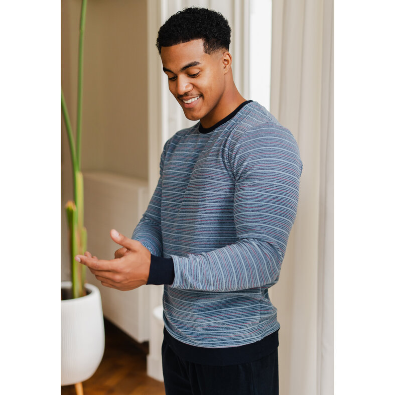 Phil & Co Phil & Co Men's Winter Pajama Set Long Terry Light Blue/Dark Blue Striped