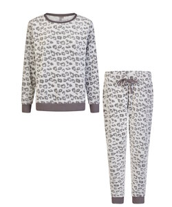 By Louise Ladies Home Suit Fleece Pants + Sweater Grey Panther Print
