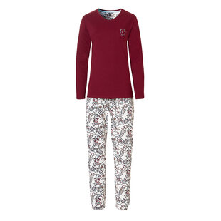 By Louise Dames Pyjama Set Lang Katoen Bordeaux Met Bloemen Print