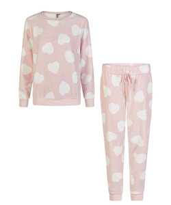 By Louise Ladies Home Suit Fleece Pants + Sweater Pink Hearts