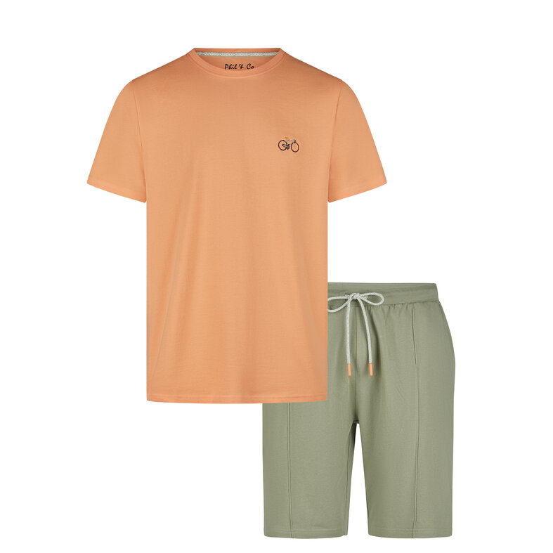 Phil & Co Phil & Co Heren Shortama Korte Pyjama Set Oranje Fiets
