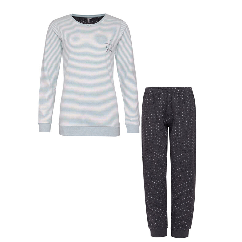 By Louise By Louise Dames Pyjama Set Lang Interlock Gestreept Mint Groen / Antraciet