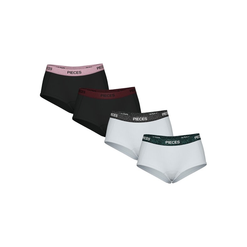 PIECES Pieces Dames Hipster PCLOGO Glitter 4-Pack Zwart/Wit