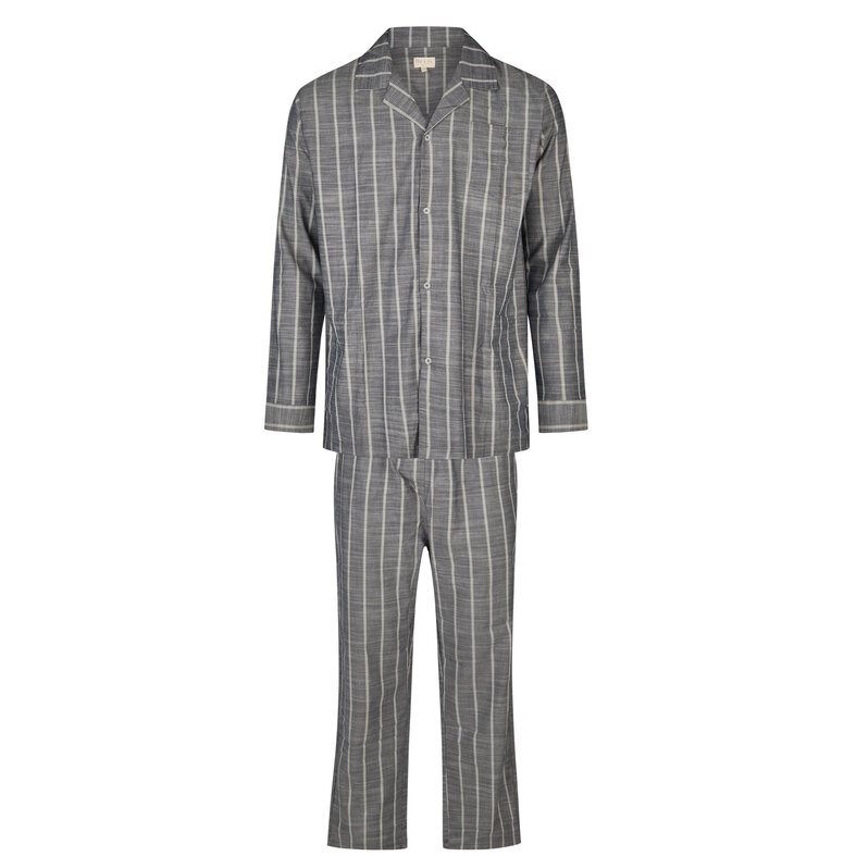 Phil & Co Phil & Co Men's Pyjama Set Long Button Closure Woven Cotton Gray Striped