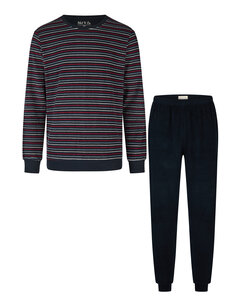 Phil & Co Heren Winter Pyjama Set Lang Badstof Donkerblauw Gestreept