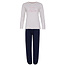 By Louise By Louise Dames Pyjama Set Lang Katoen Off White / Donkerblauw Gestipt
