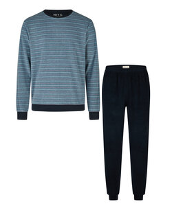 Phil & Co Heren Winter Pyjama Set Lang Badstof Lichtblauw/Donkerblauw Gestreept