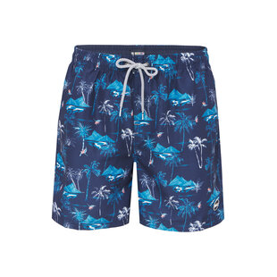 Happy Shorts Men's Swim Short Tropical Island Print Dark Blue