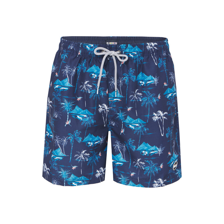 Happy Shorts Happy Shorts Men's Swim Short Tropical Island Print Dark Blue