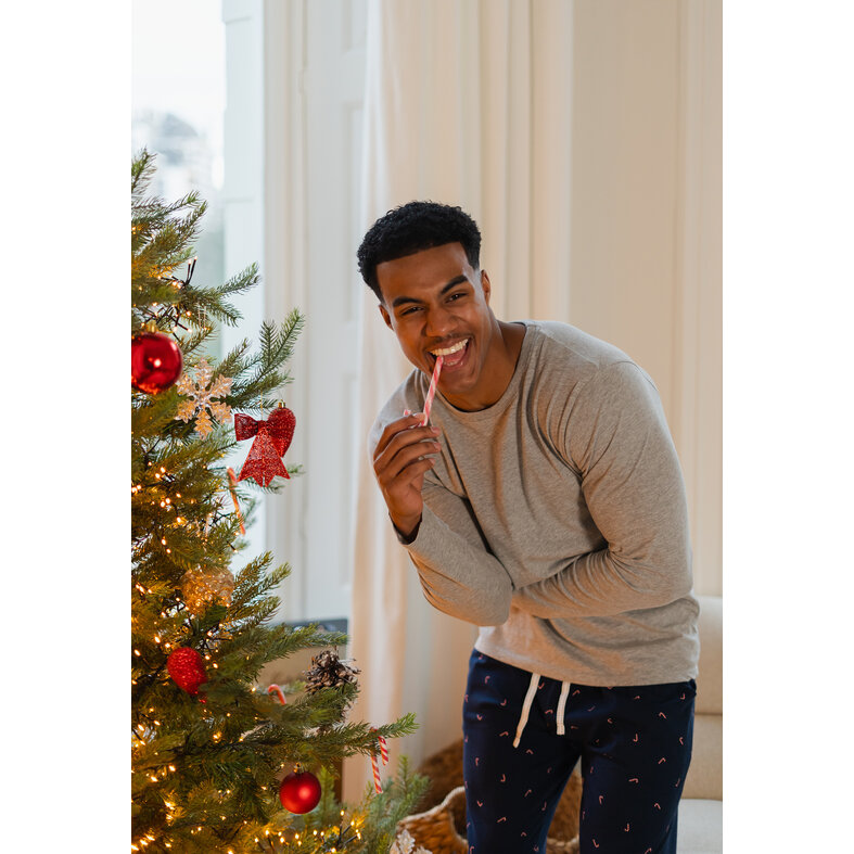 Happy Shorts Happy Shorts Men's Christmas Pajama Set Shirt + Pants Gray/Dark Blue Sourdough Print