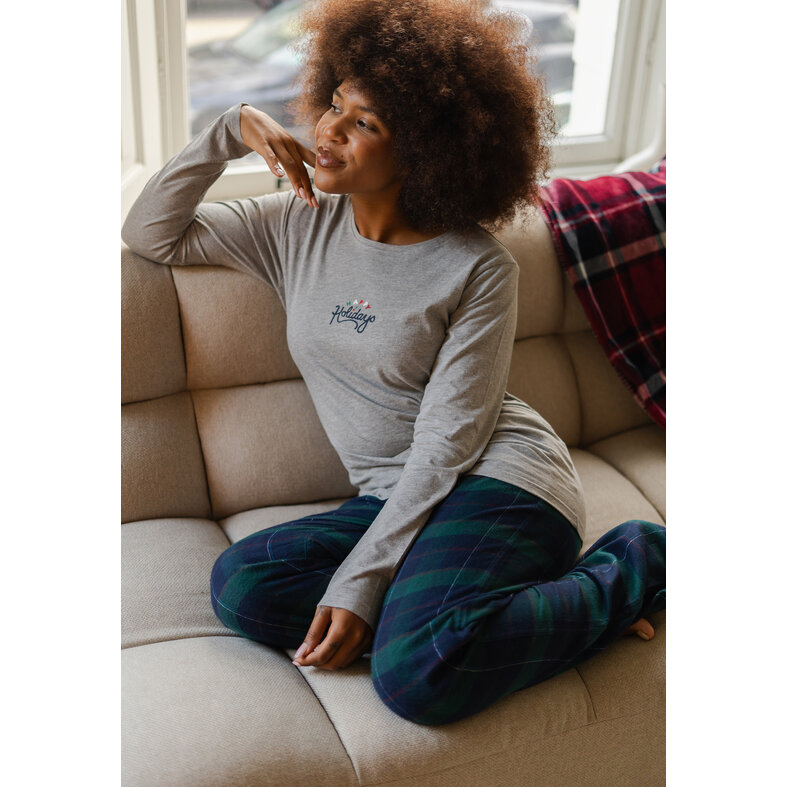 Happy Shorts Happy Shorts Dames Pyjama Broek Lang Donkerblauw/Groen Geruit Flanel