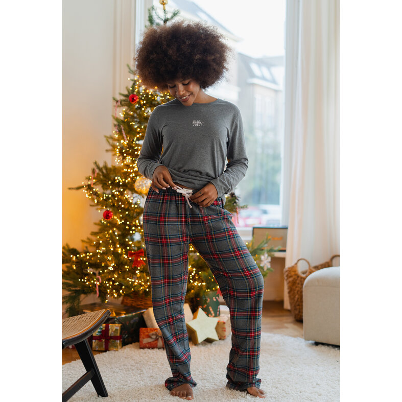 Happy Shorts Happy Shorts Dames Pyjama Broek Lang Grijs/Rood Geruit Flanel
