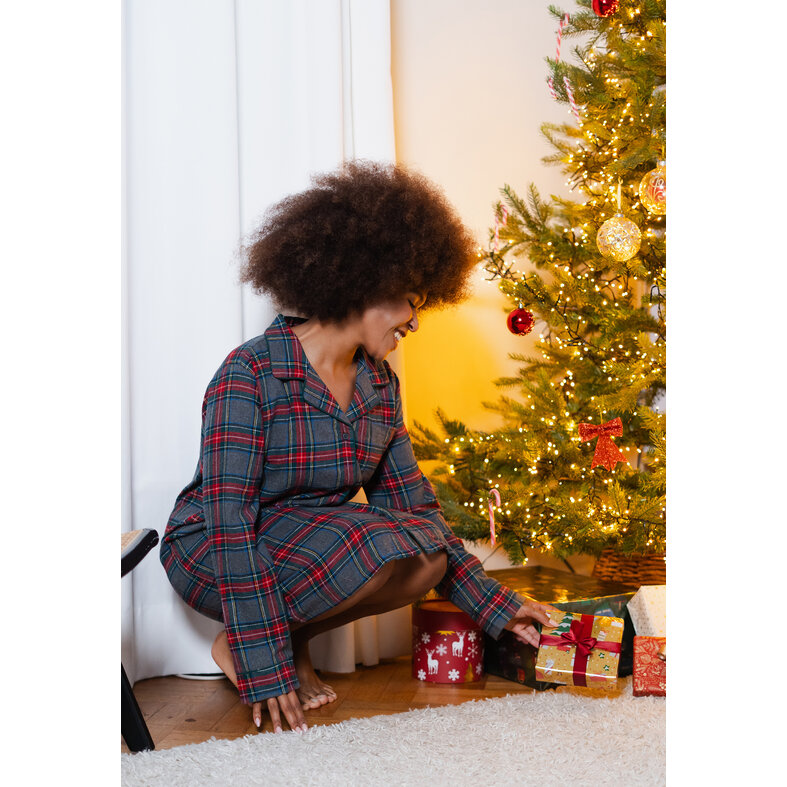 Happy Shorts Happy Shorts Dames Nachthemd Lange Mouw Flanel Rood/Grijs Geruit